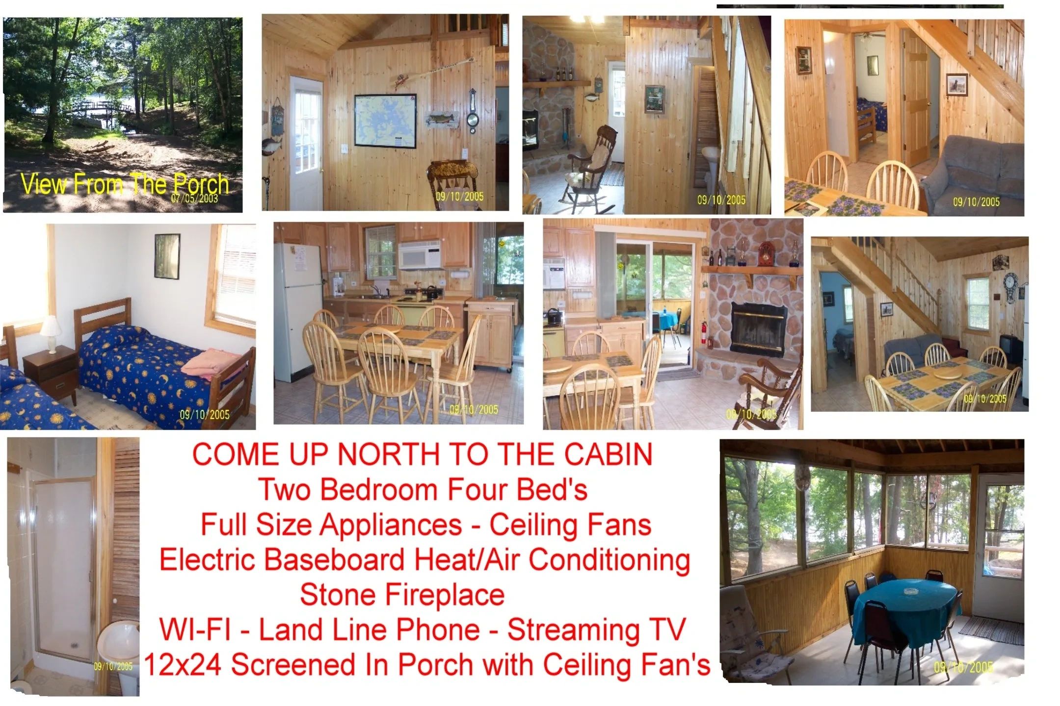 Cabin amenities collage — two bedrooms, stone fireplace, screened porch, full kitchen, Wi-Fi