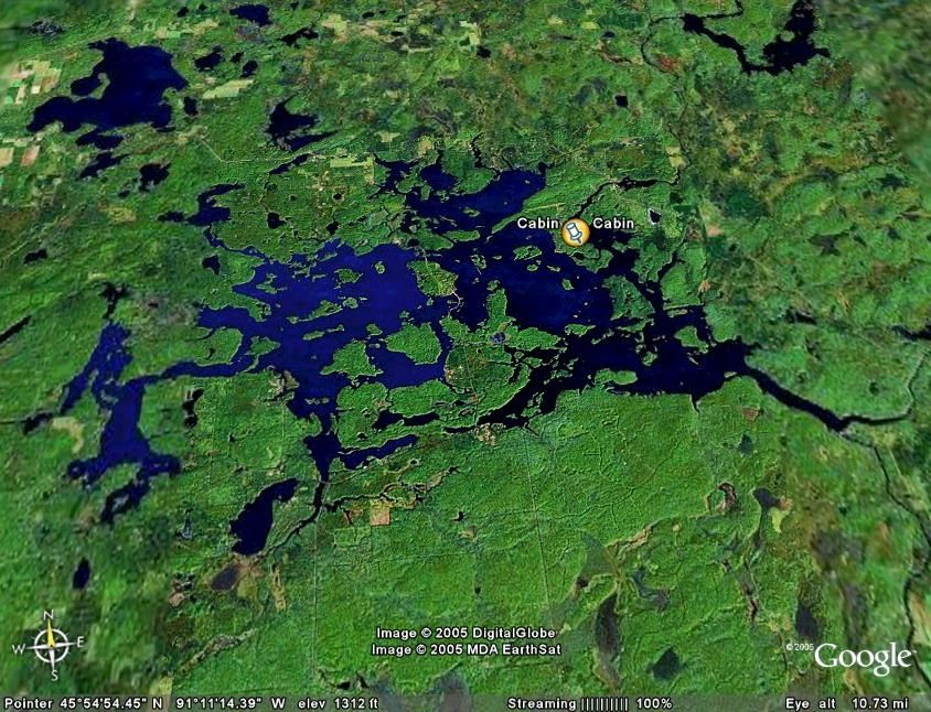 Aerial satellite view showing the cabin location on Lake Chippewa Flowage